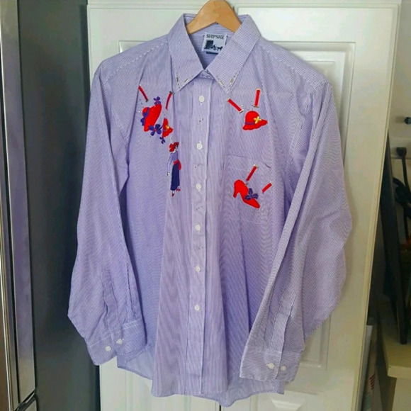 Red Hat Society Purple & White Stripes with Appliques / Bling Button Down Shirt - Picture 1 of 13